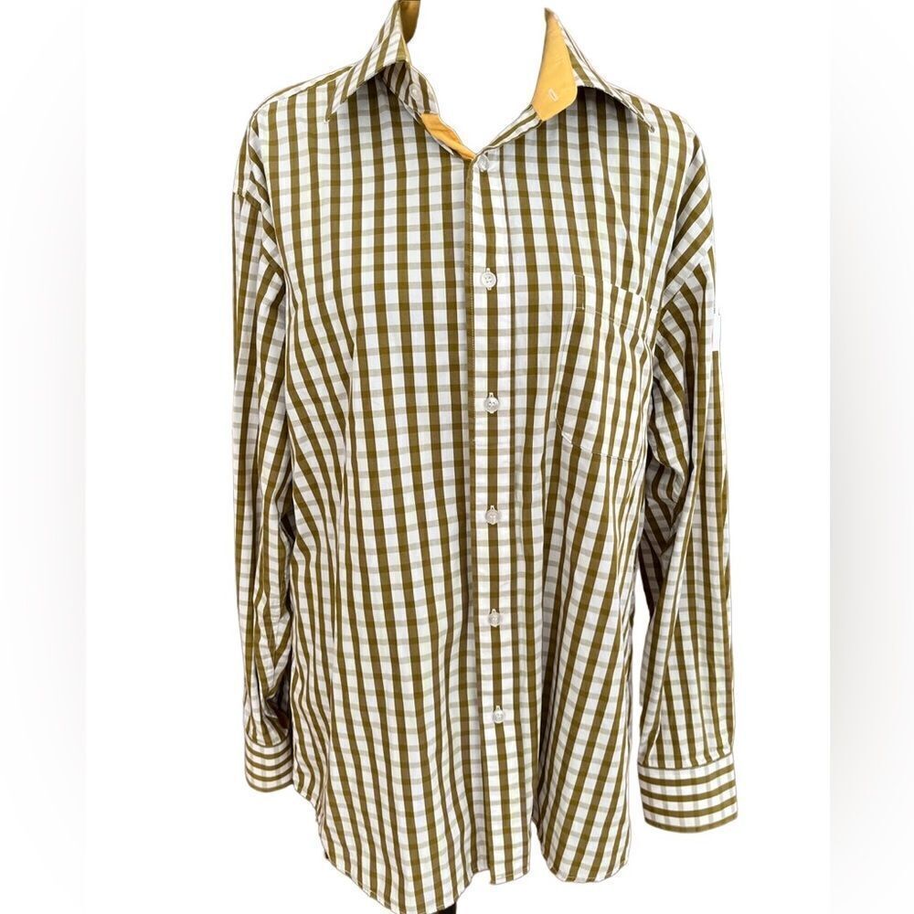 ALFRED DUNHILL Slim Fit olive green/white plaid 100% cotton shirt , size XXXL.